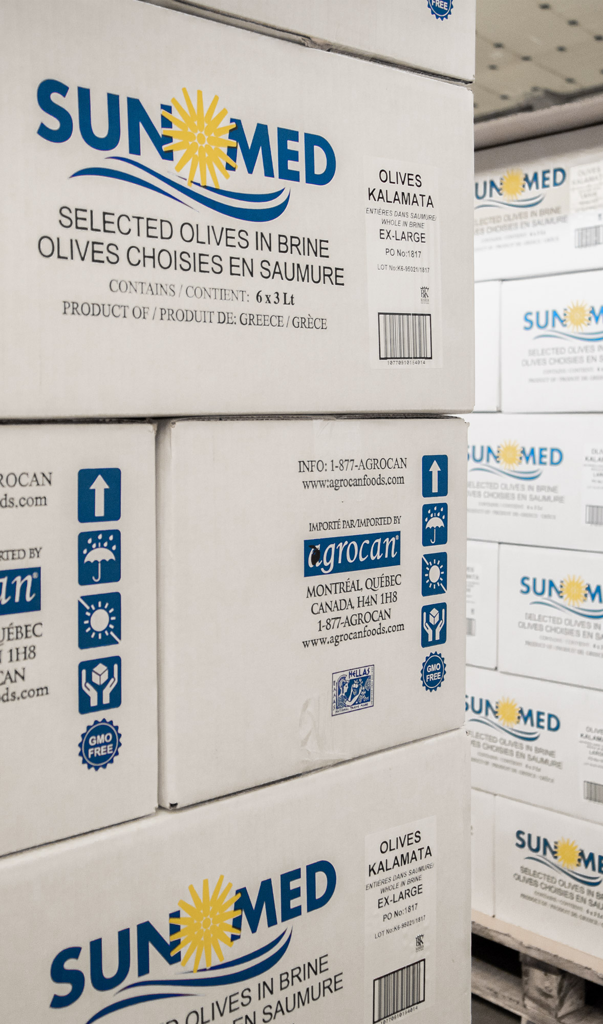 SUNMED branded stacked cartons filled with products