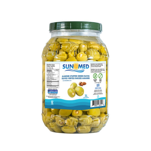 Almond stuffed Green Greek olives inside a 3 liter PET jar